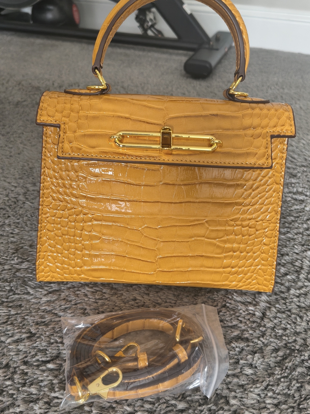 Structured Croc-Embossed Top-Handle Bag in Mustard Yellow